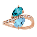 14K Gold Pear Natural Aquamarine & Natural London Blue Topaz & Natural Diamond Two-Stone Ring - Rose Gold - view 3
