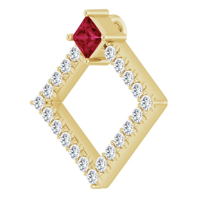 14K Gold Square Natural Ruby Accented Geometric Necklace or Pendant - Yellow Gold - view 5