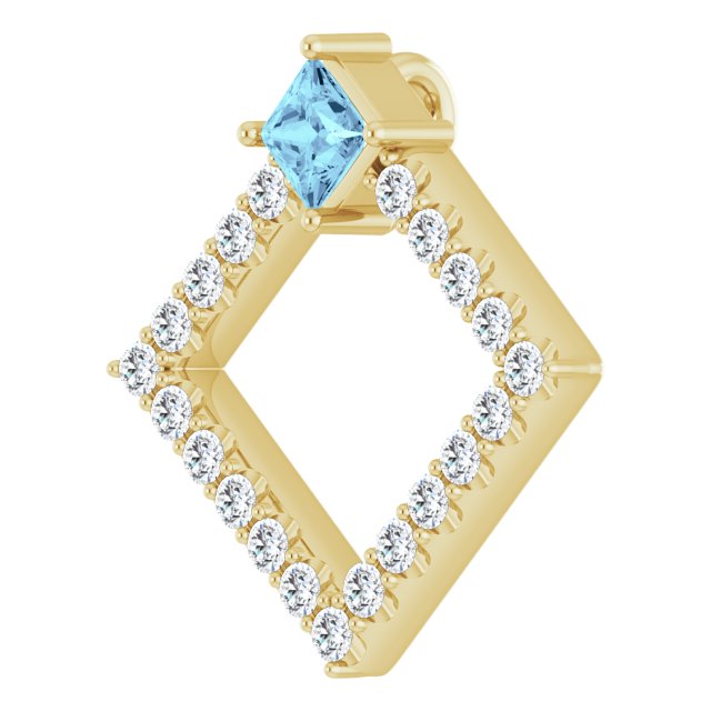 14K Gold Square Natural Aquamarine Accented Geometric Necklace or Pendant - Yellow Gold - view 5