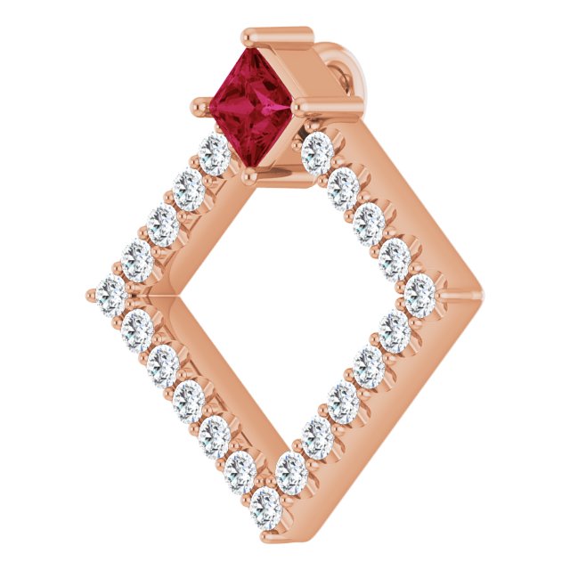 14K Gold Square Natural Ruby Accented Geometric Necklace or Pendant - Rose Gold - view 5