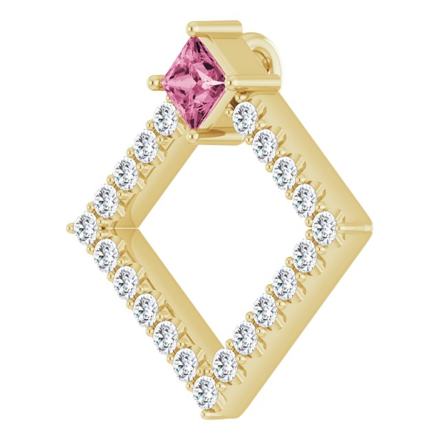 14K Gold Square Natural Pink Tourmaline Accented Geometric Necklace or Pendant - Yellow Gold - view 5