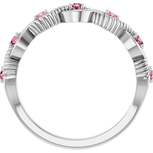 Platinum Round Natural Pink Tourmaline Accented Stackable Ring – 2mm Stones - view 7