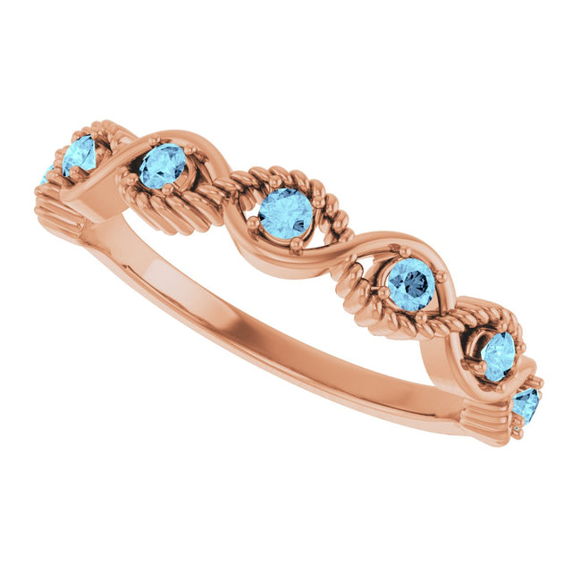 14K Gold Round Natural Aquamarine Accented Stackable Ring – 2mm Stones - Rose Gold - view 10