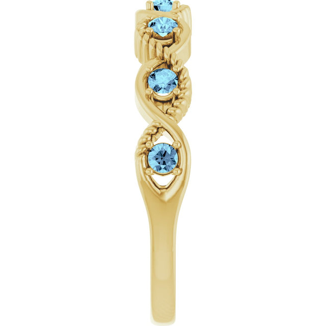 14K Gold Round Natural Aquamarine Accented Stackable Ring – 2mm Stones - Yellow Gold - view 9