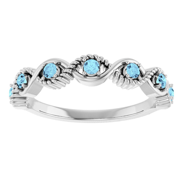 14K Gold Round Natural Aquamarine Accented Stackable Ring – 2mm Stones - White Gold - view 8