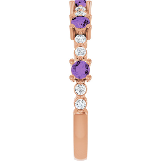 14K Gold Round Natural Amethyst Accented Stackable Ring – 2.5mm Stones - Rose Gold - view 9