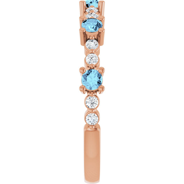 14K Gold Round Natural Aquamarine Accented Stackable Ring – 2.5mm Stones - Rose Gold - view 9