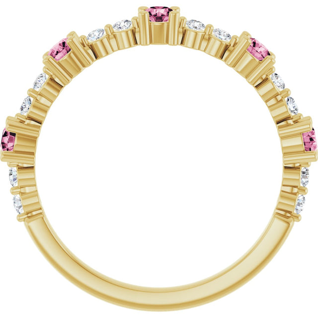 14K Gold Round Natural Pink Tourmaline Accented Stackable Ring – 2.5mm Stones - Yellow Gold - view 7