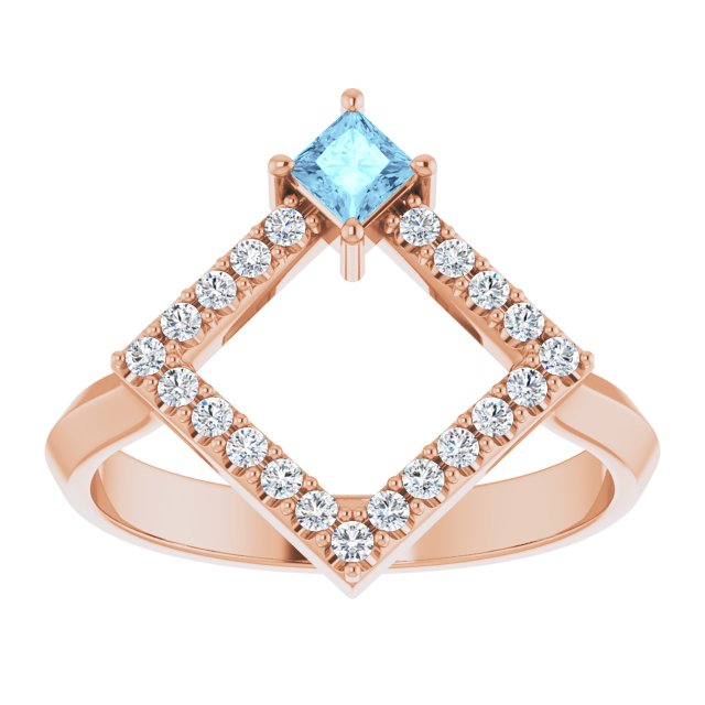 14K Gold Square Natural Aquamarine Accented Geometric Ring - Rose Gold - view 8