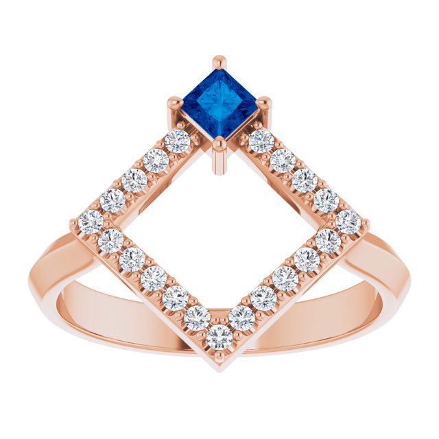 14K Gold Square Natural Blue Sapphire Accented Geometric Ring - Rose Gold - view 8