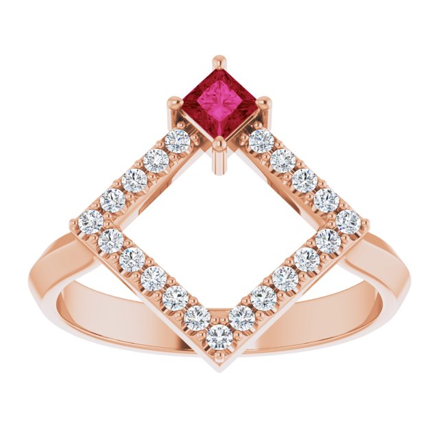 14K Gold Square Natural Ruby Accented Geometric Ring - Rose Gold - view 8