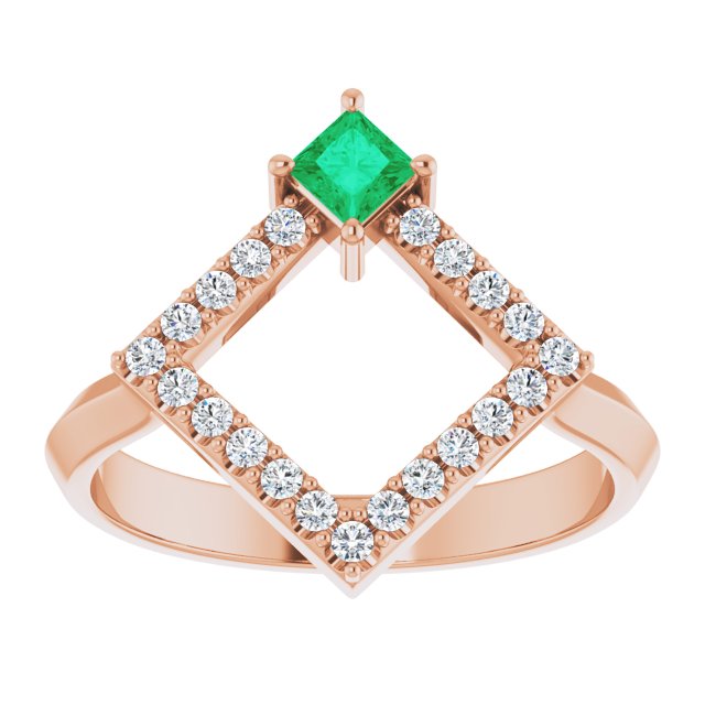 14K Gold Square Natural Emerald Accented Geometric Ring - Rose Gold - view 8