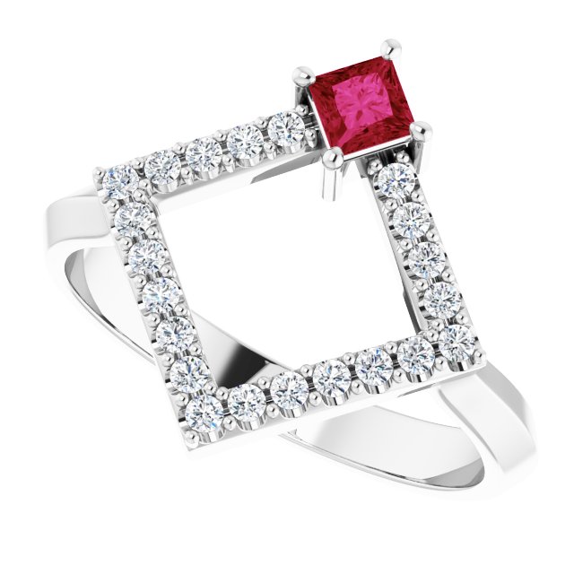 14K Gold Square Natural Ruby Accented Geometric Ring - White Gold - view 10