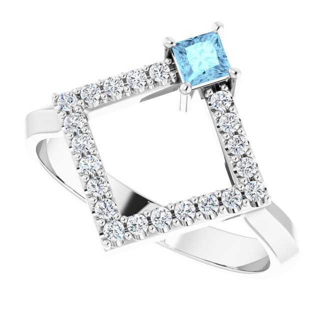 Platinum Square Natural Aquamarine Accented Geometric Ring - view 10