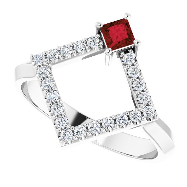 14K Gold Square Natural Mozambique Garnet Accented Geometric Ring - White Gold - view 10