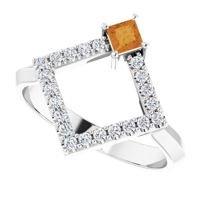14K Gold Square Natural Citrine Accented Geometric Ring - White Gold - view 10