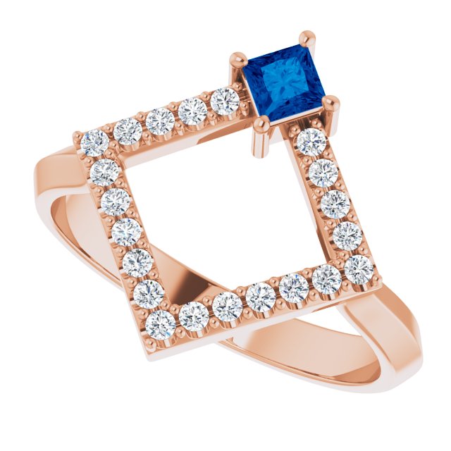 14K Gold Square Natural Blue Sapphire Accented Geometric Ring - Rose Gold - view 10