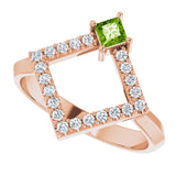 14K Gold Square Natural Peridot Accented Geometric Ring - Rose Gold - view 10