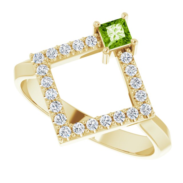 14K Gold Square Natural Peridot Accented Geometric Ring - Yellow Gold - view 10