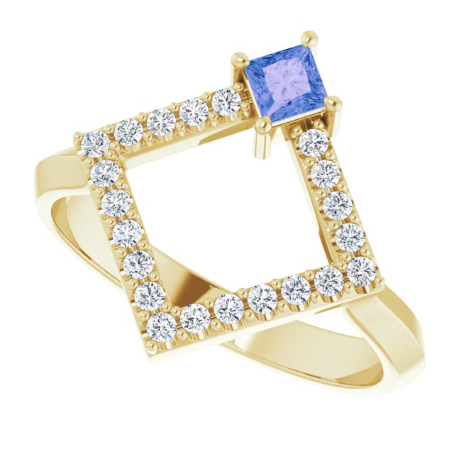 14K Gold Square Natural Tanzanite Accented Geometric Ring - Yellow Gold - view 10