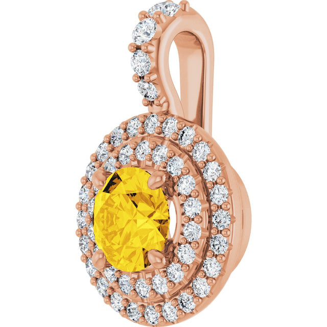 14K Gold Round Natural Yellow Sapphire & Natural Diamond Double Halo-Style Pendant - Rose Gold - view 2