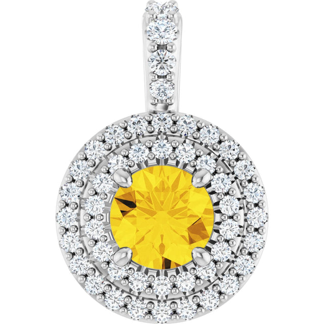 Platinum Round Natural Yellow Sapphire & Natural Diamond Double Halo-Style Pendant