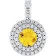 14K Gold Round Natural Yellow Sapphire & Natural Diamond Double Halo-Style Pendant - White Gold