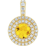 14K Gold Round Natural Yellow Sapphire & Natural Diamond Double Halo-Style Pendant - Yellow Gold