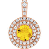 14K Gold Round Natural Yellow Sapphire & Natural Diamond Double Halo-Style Pendant - Rose Gold