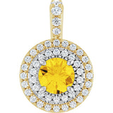 14K Gold Round Natural Yellow Sapphire & Natural Diamond Double Halo-Style Pendant - Two-Tone