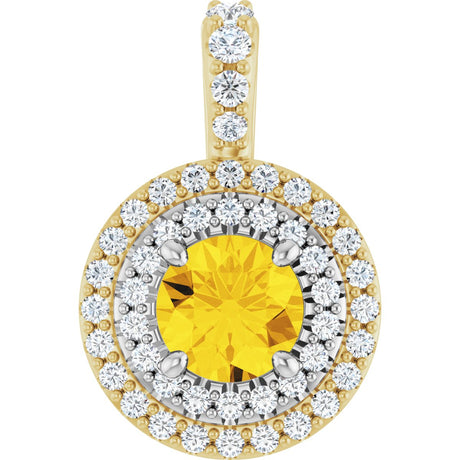 14K Gold Round Natural Yellow Sapphire & Natural Diamond Double Halo-Style Pendant - Two-Tone
