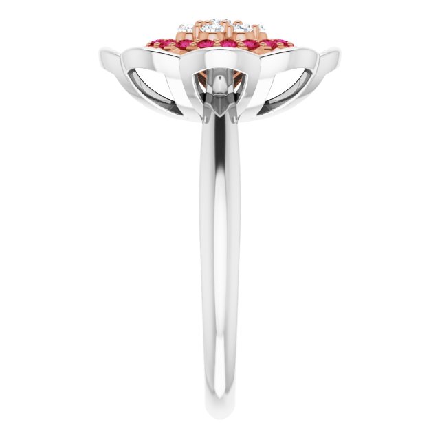 14K Gold Round Natural Ruby & Natural Diamond Halo-Style Cluster Ring - Two-Tone - view 4