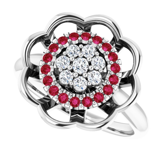 14K Gold Round Natural Ruby & Natural Diamond Halo-Style Cluster Ring - White Gold - view 5