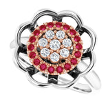 14K Gold Round Natural Ruby & Natural Diamond Halo-Style Cluster Ring - Two-Tone - view 5
