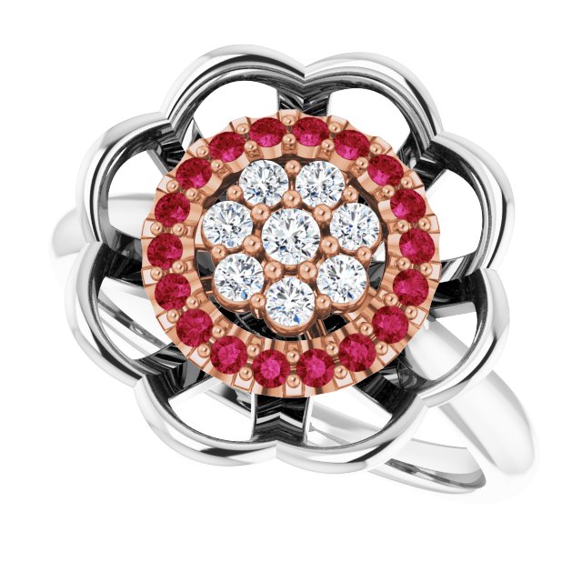 14K Gold Round Natural Ruby & Natural Diamond Halo-Style Cluster Ring - Two-Tone - view 5