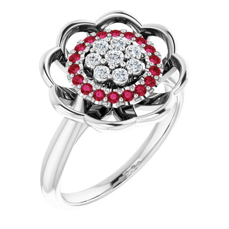 Platinum Round Natural Ruby & Natural Diamond Halo-Style Cluster Ring