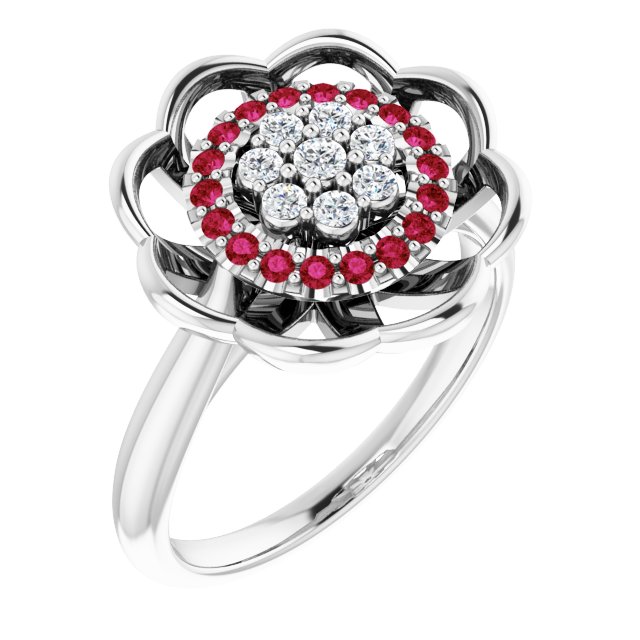 Platinum Round Natural Ruby & Natural Diamond Halo-Style Cluster Ring