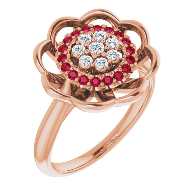 14K Gold Round Natural Ruby & Natural Diamond Halo-Style Cluster Ring - Rose Gold