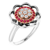 14K Gold Round Natural Ruby & Natural Diamond Halo-Style Cluster Ring - Two-Tone