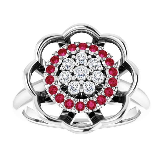 Platinum Round Natural Ruby & Natural Diamond Halo-Style Cluster Ring - view 3