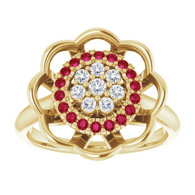 14K Gold Round Natural Ruby & Natural Diamond Halo-Style Cluster Ring - Yellow Gold - view 3