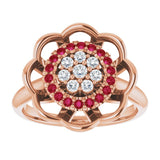 14K Gold Round Natural Ruby & Natural Diamond Halo-Style Cluster Ring - Rose Gold - view 3
