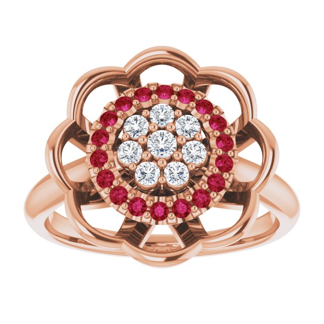14K Gold Round Natural Ruby & Natural Diamond Halo-Style Cluster Ring - Rose Gold - view 3
