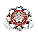 14K Gold Round Natural Ruby & Natural Diamond Halo-Style Cluster Ring - Two-Tone - view 3