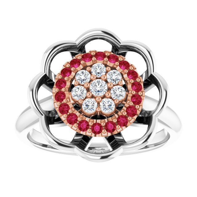 14K Gold Round Natural Ruby & Natural Diamond Halo-Style Cluster Ring - Two-Tone - view 3