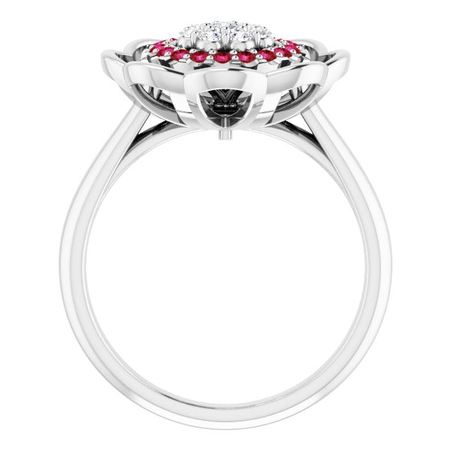 Platinum Round Natural Ruby & Natural Diamond Halo-Style Cluster Ring - view 2
