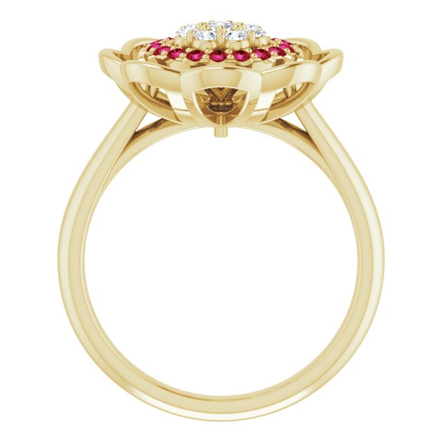 14K Gold Round Natural Ruby & Natural Diamond Halo-Style Cluster Ring - Yellow Gold - view 2