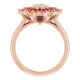 14K Gold Round Natural Ruby & Natural Diamond Halo-Style Cluster Ring - Rose Gold - view 2