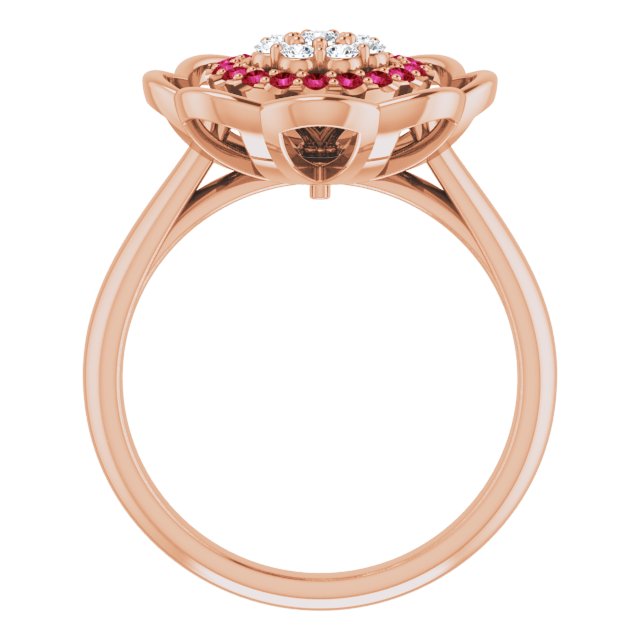 14K Gold Round Natural Ruby & Natural Diamond Halo-Style Cluster Ring - Rose Gold - view 2