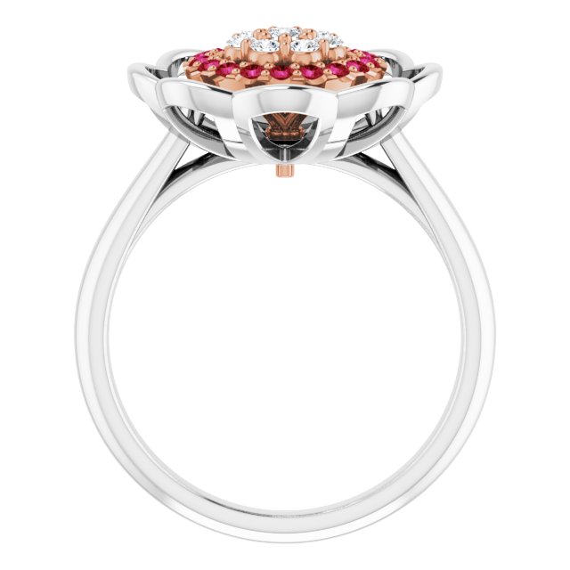 14K Gold Round Natural Ruby & Natural Diamond Halo-Style Cluster Ring - Two-Tone - view 2